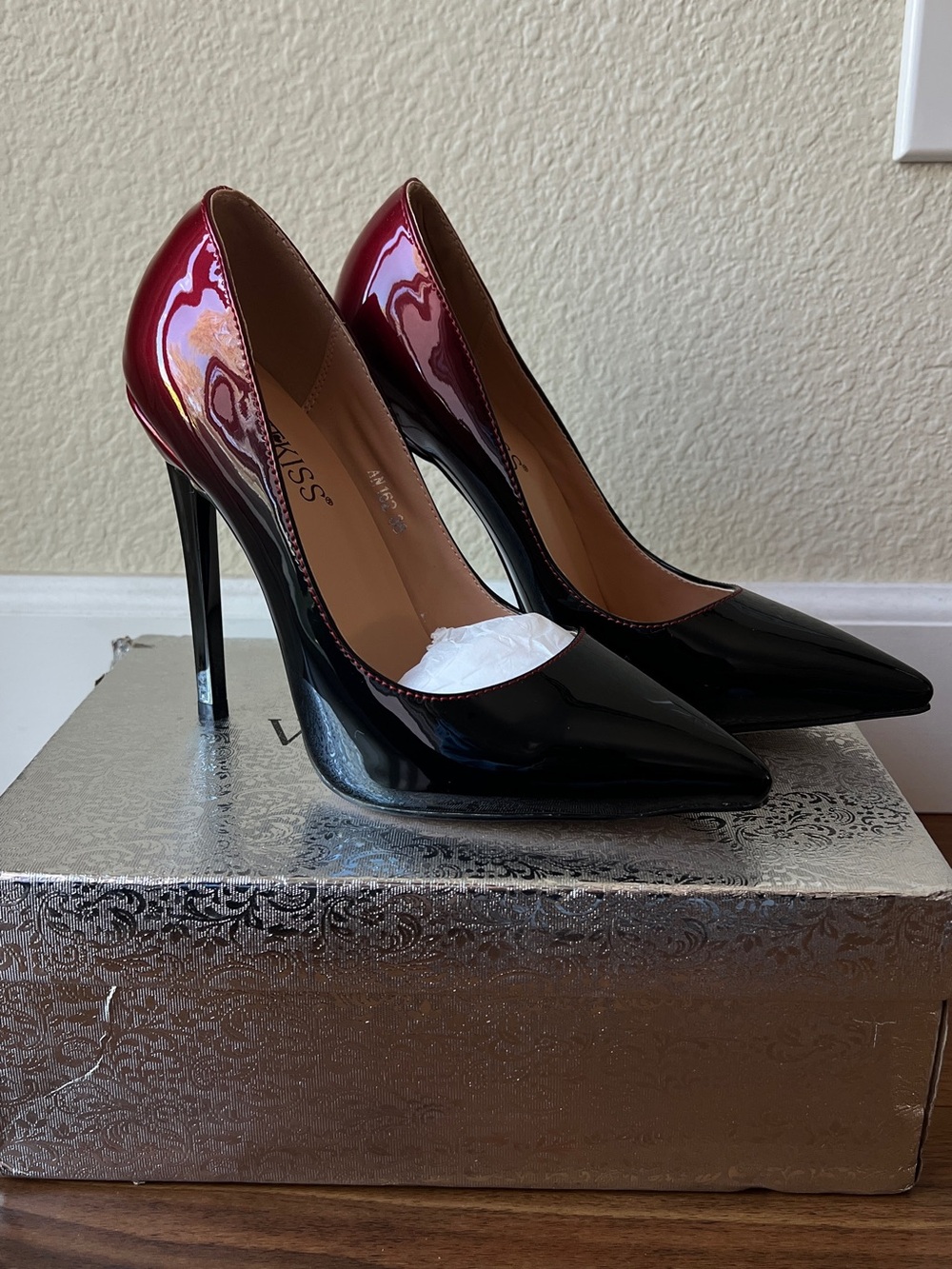 Kiss Black Patent Pumps with Red Ombre Back